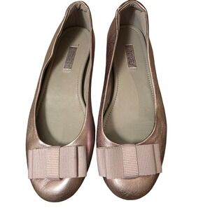 Y2K ECCO Shape Rose Gold Metallic Leather Bow Ballet Flats Womens Size 6.5
